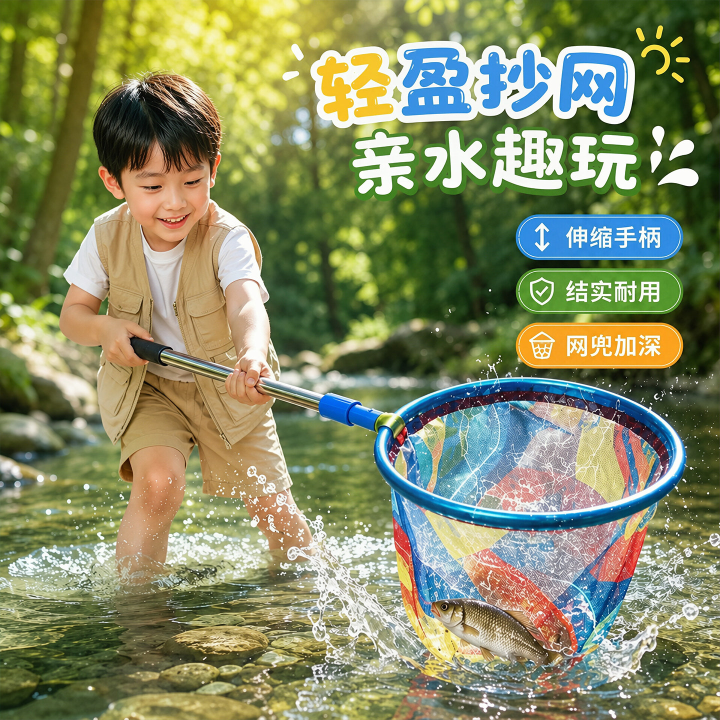 儿童渔网捞小鱼抄鱼网捉蜻蜓蝴蝶网兜捞结实可伸缩杆捕鱼玩水折叠