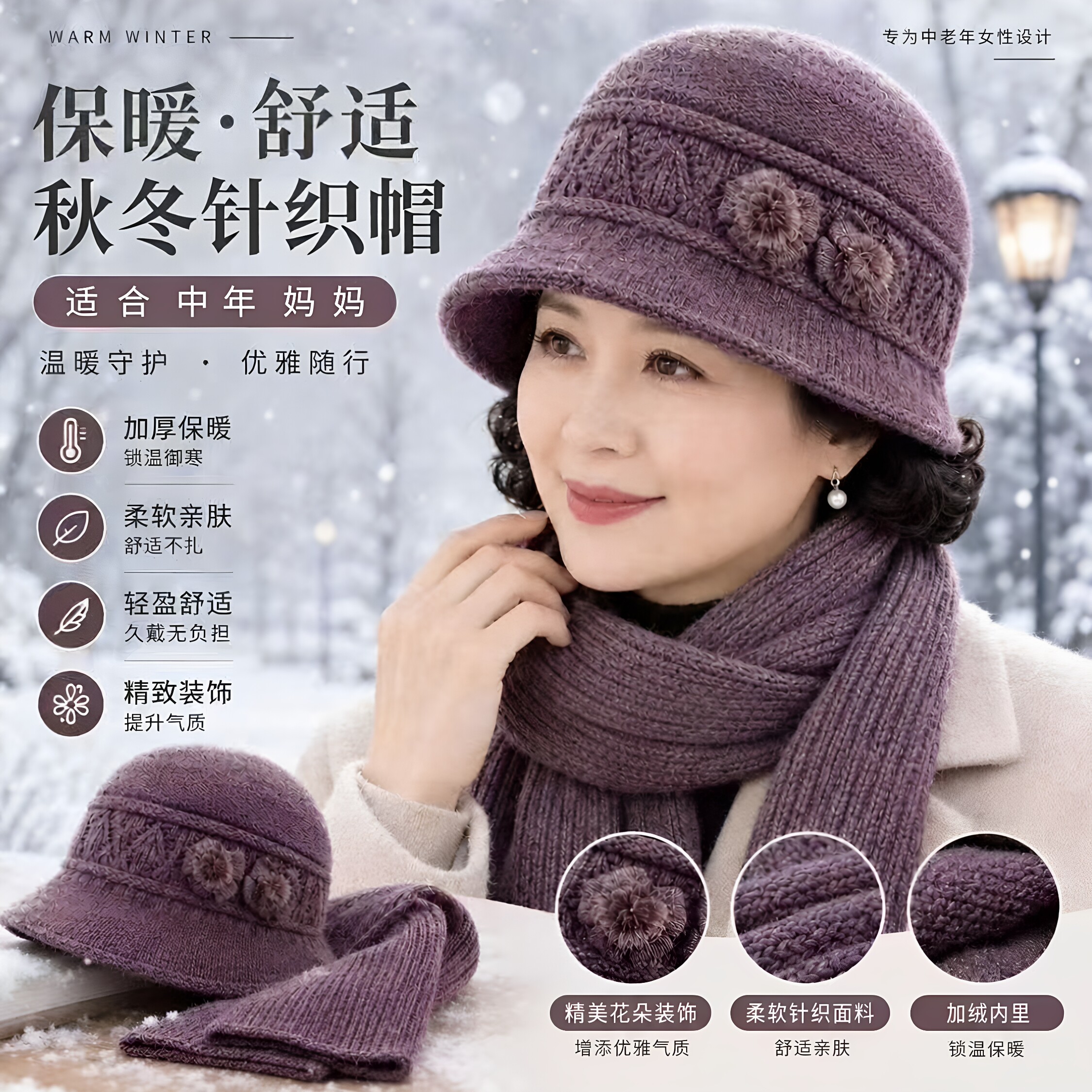 中年妈妈帽子女冬季加绒保暖毛线帽老年人奶奶老人老太太秋冬棉帽