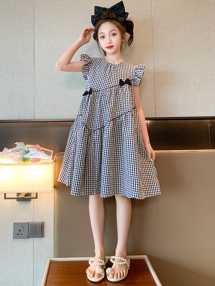 女大童裙子夏装2023新款中学生少女无袖格子初中生女生棉布连衣裙