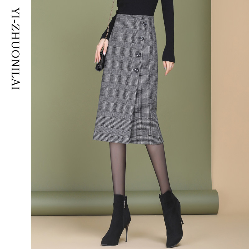 半身裙秋冬女中长款高腰格子毛呢2020新款一步裙冬裙长裙包臀裙子