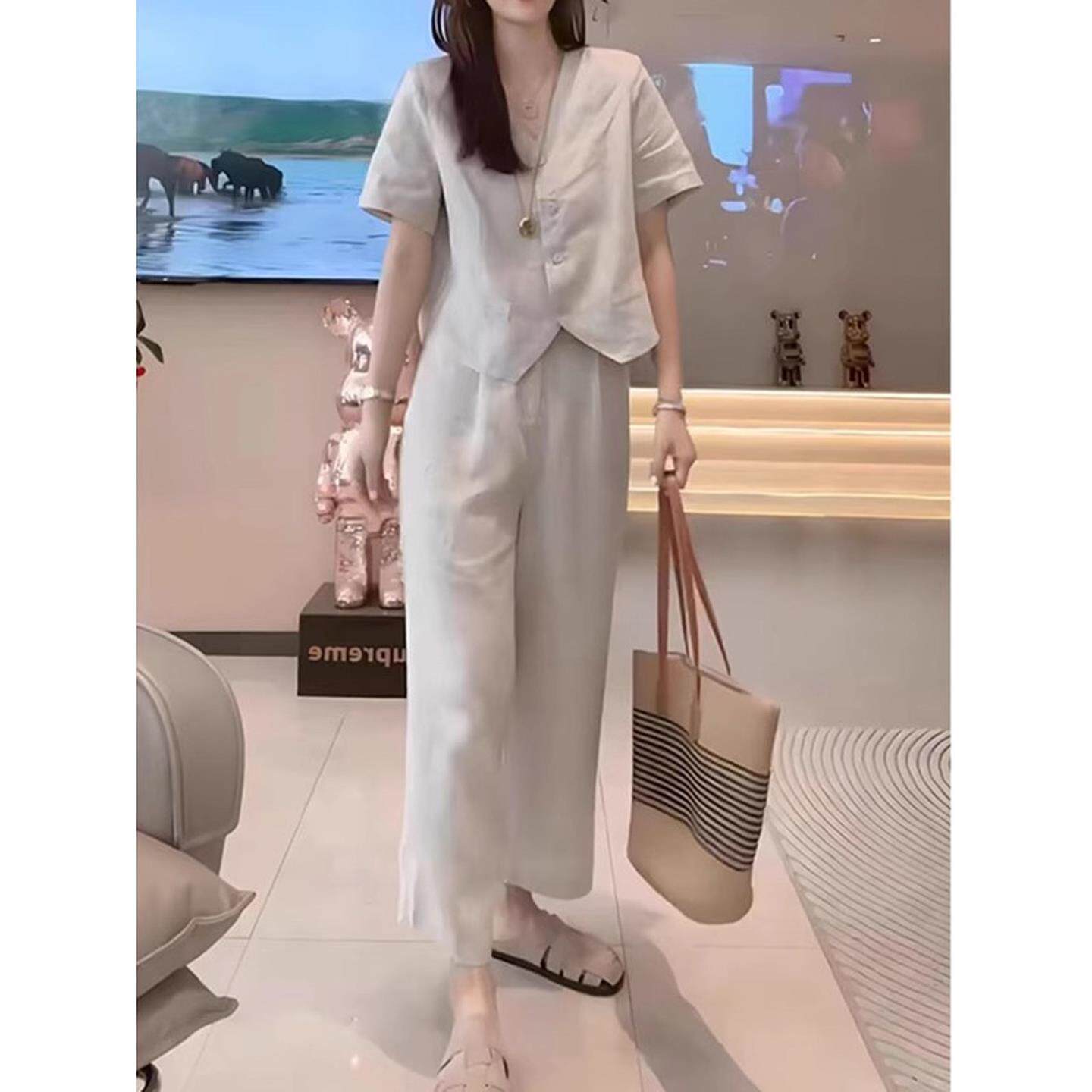 韩国女夏季米色棉麻西装短袖套装小个子休闲亚麻衬衫阔腿裤两件套