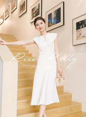 RIXO STREET法式白色无袖气质连衣裙女生日宴会party礼服长裙