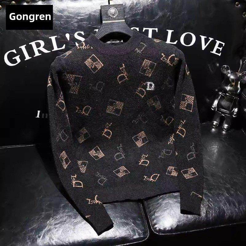 男士内搭秋冬高端时尚圆领加厚针织衫天鹅绒潮流提花修身毛衣男款