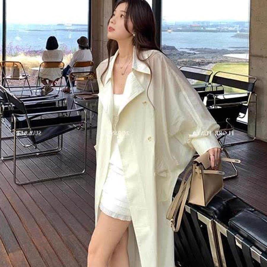 Baulmain Paul白色天丝中长款防晒风衣双排扣廓形冰感开衫薄外套