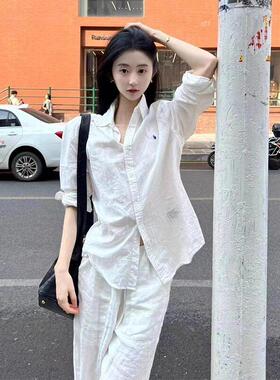 SUPDORX~棉麻女高端套装运动白色衬衫夏季亚麻衬衫慵懒松弛感穿搭