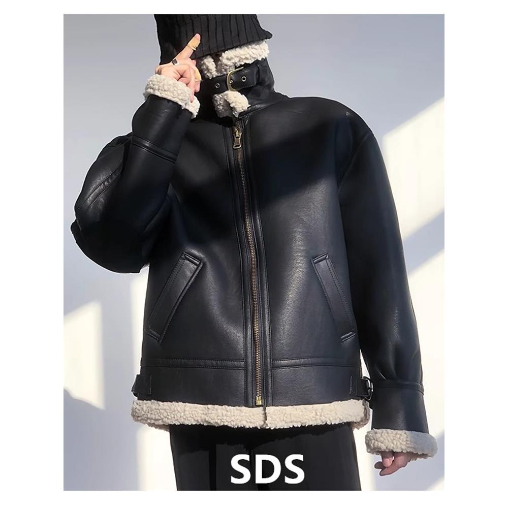 高端真皮皮衣外套男秋冬季加厚机车服痞帅宽松皮毛一体羊羔绒夹克
