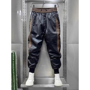 休闲裤男款高端时尚潮流拼色锥形长裤机车骑行痞帅加绒皮裤男冬季