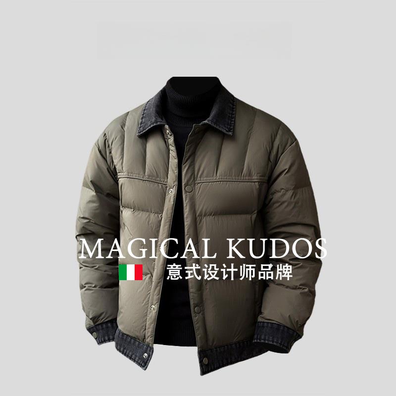 MAGICAL KUDOS高端鸭绒翻领羽绒服男秋冬拼接牛仔夹克休闲外套