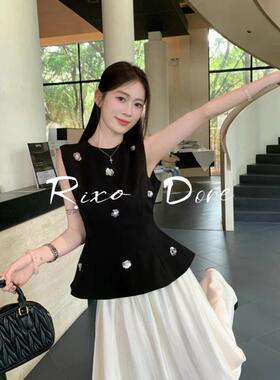 RIXO DORE法式高级重工黑色无袖背心白色A字裙两件套小众气质套装