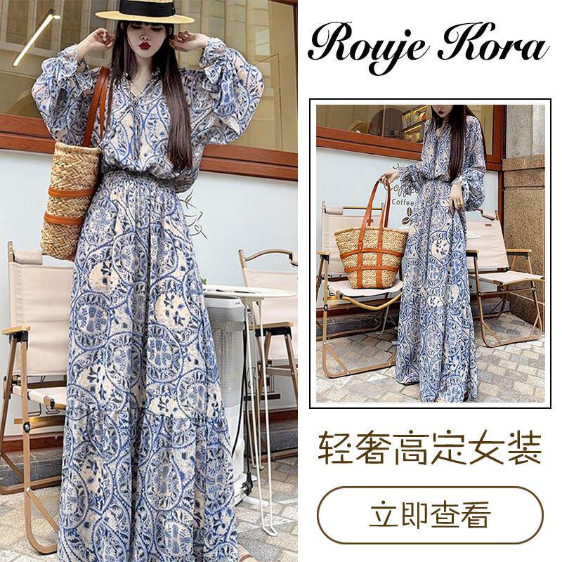 Rouje Kora度假风雪纺碎花连衣裙女夏季宽松显高加长款及踝长裙子