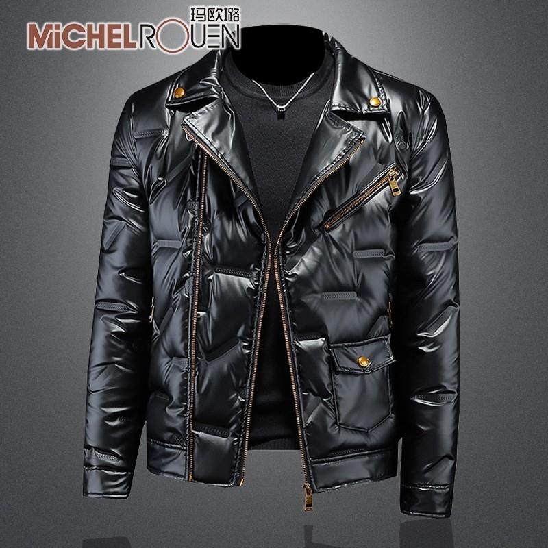 欧洲站亮面西装领羽绒服男士高端冬季拉炼修身白鸭绒休闲大码外套