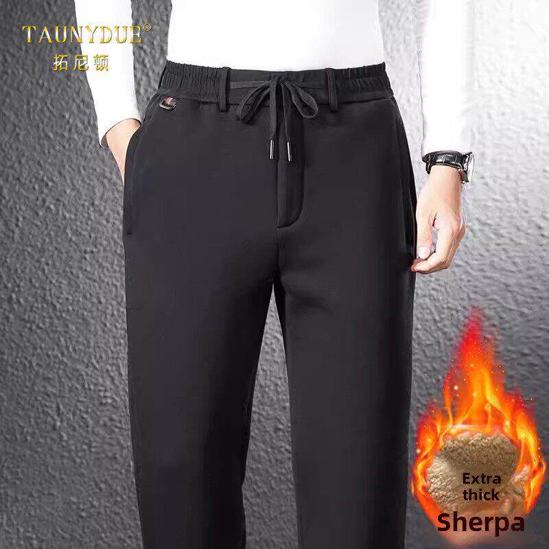 加绒加厚外穿羊彷羔绒裤子男士冬季男休闲裤中老年爸爸运动裤棉裤