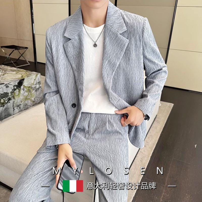 迈洛森帅气时尚潮流夏季冰丝垂感西服宽松休闲西装两套装青年韩版