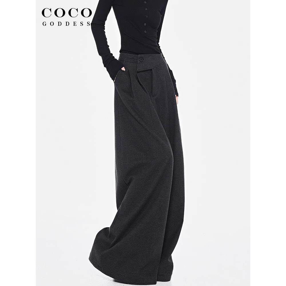 COCO&GODDESS加厚毛呢西装裤女2025春季新款高腰百搭宽松阔腿裤穿