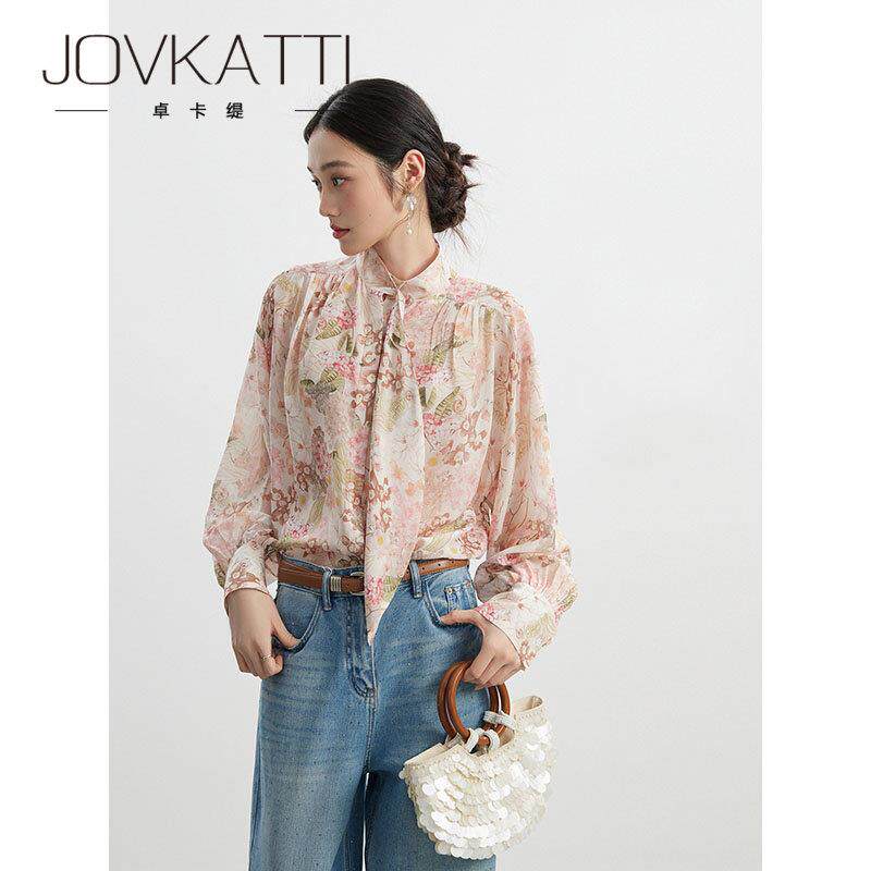春季新款JOVKATTI优雅风碎花飘带领雪纺衬衫墨底波点真丝印花上衣
