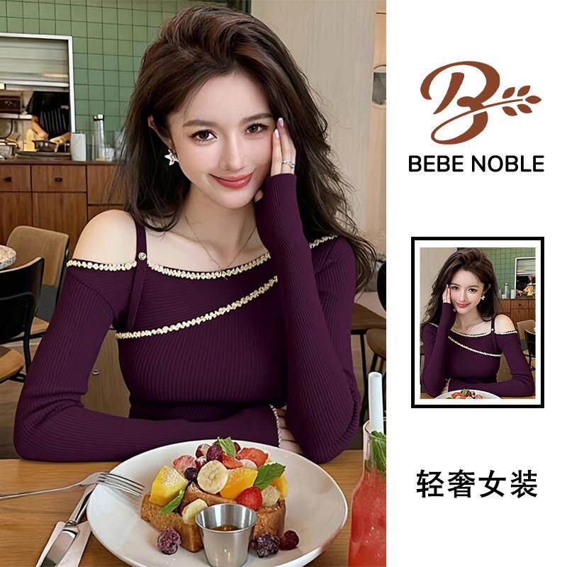 BEBE NOBLE复古不规则斜肩露肩针织上衣女秋冬高端修身内搭上衣潮