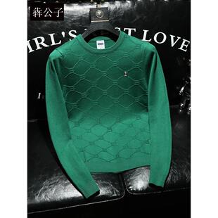 秋冬打底衫 圆领提花绿色男士 百搭长袖 针织运动毛衣轻奢休闲时尚