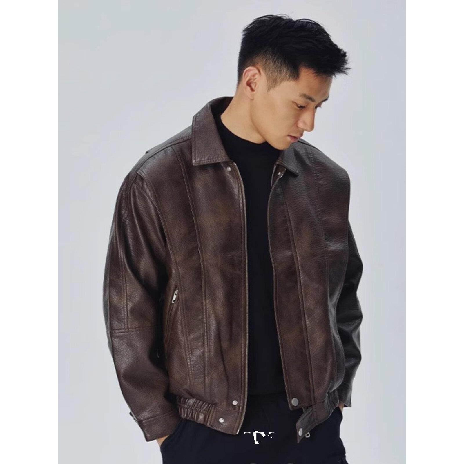 美拉德棕色皮衣外套男春秋季2025新款覆古痞帅机车服真皮翻领夹克