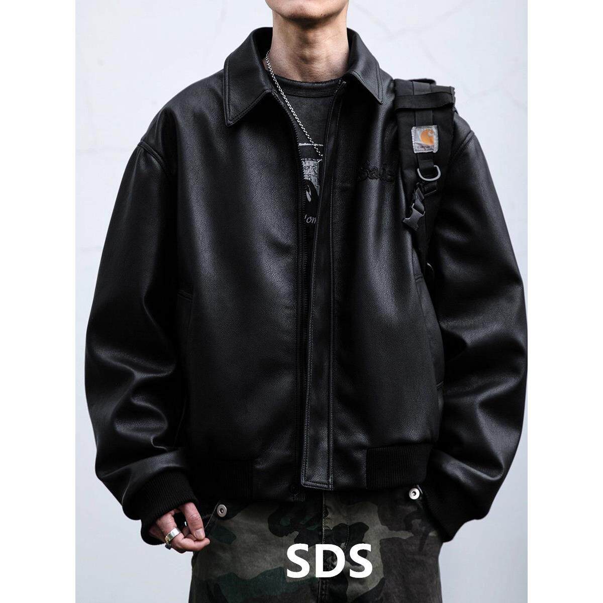 潮牌皮衣外套男秋冬2025新款美式覆古刺绣痞帅真皮机车服翻领夹克