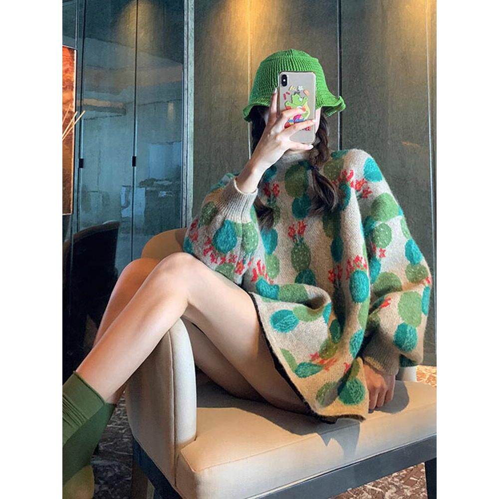 卡其绿色慵懒风毛衣设计感秋季女装新款 小众别致长袖打底衫