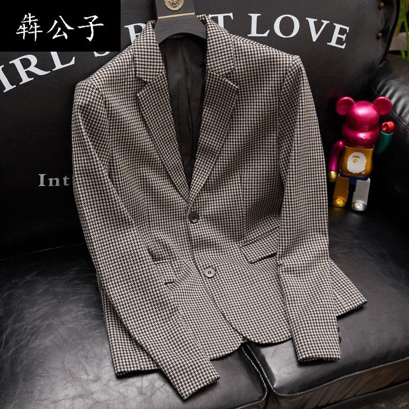 犇公子轻奢欧洲站千鸟格西服男外套潮男单排扣卡其色西装欧货格子