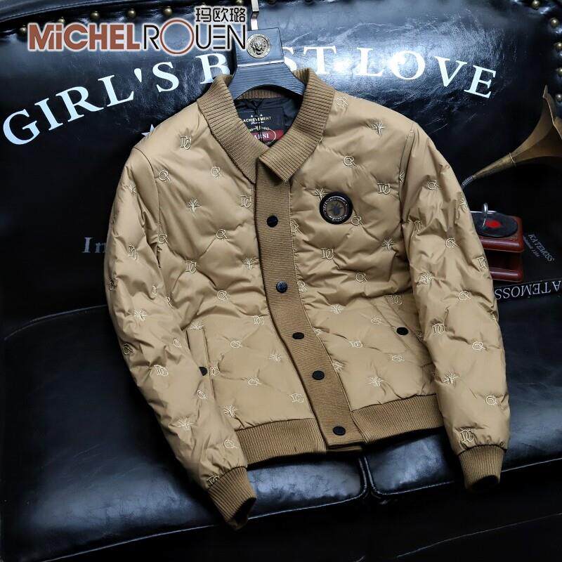 冬季轻薄羽绒服男士修身短款潮流白鸭绒针织拼接翻领帅气外套大码