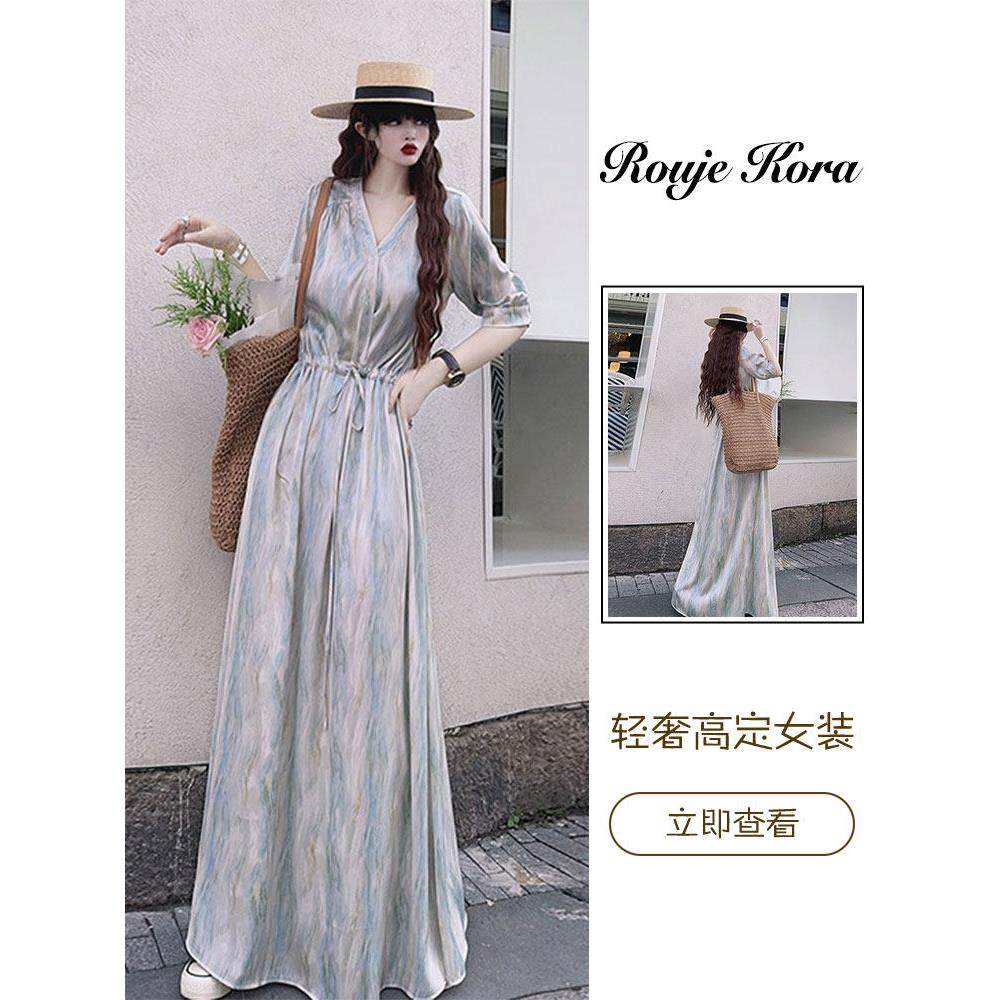 Rouje Kora法式V领印花连衣裙女士夏季高腰无袖长裙百搭显瘦裙子