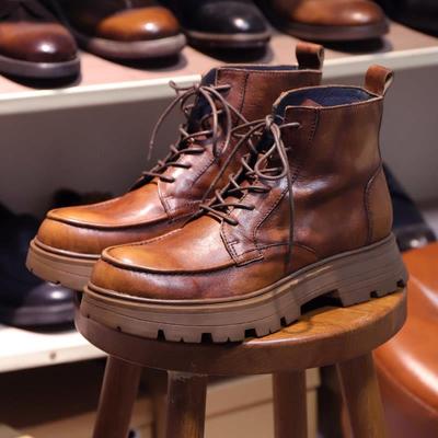 秋冬季阿美卡叽覆古头层牛皮马丁靴男潮流圆头真皮系带厚底工装靴