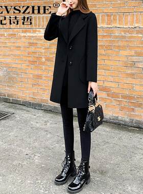 纪诗哲黑色双面羊绒大衣女2025秋冬季新款小个子毛呢子大衣外套女