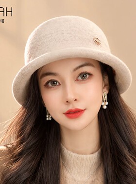 布塔秋冬季老钱风毛呢帽羊毛渔夫帽女卷边盆帽优雅气质显脸小帽子