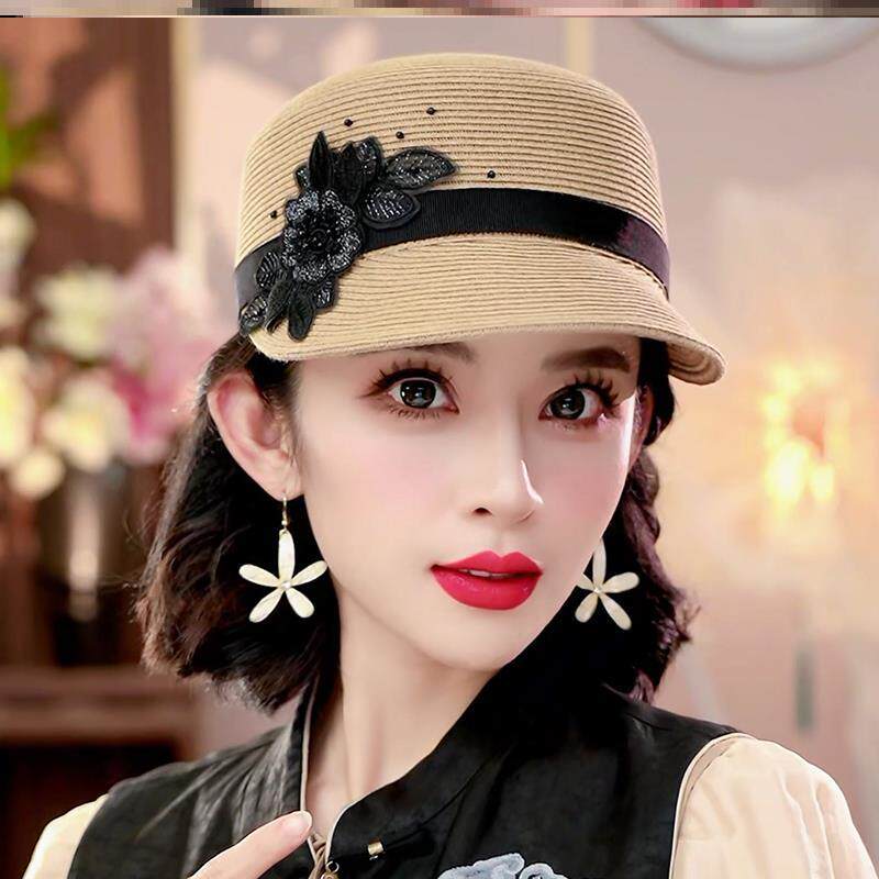 布塔草帽女夏新款沙滩帽大帽檐花朵太阳帽可折叠防晒帽子洋气时尚
