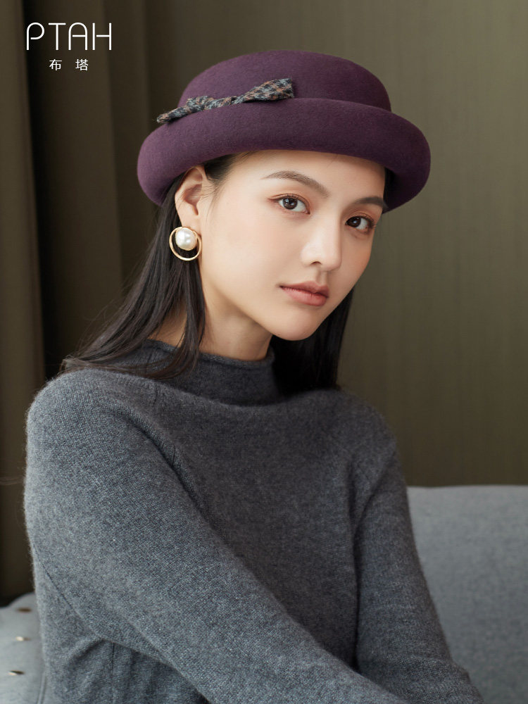 布塔秋冬帽子平顶帽英伦优雅女士时尚礼帽卷边短檐纯羊毛毡帽加厚