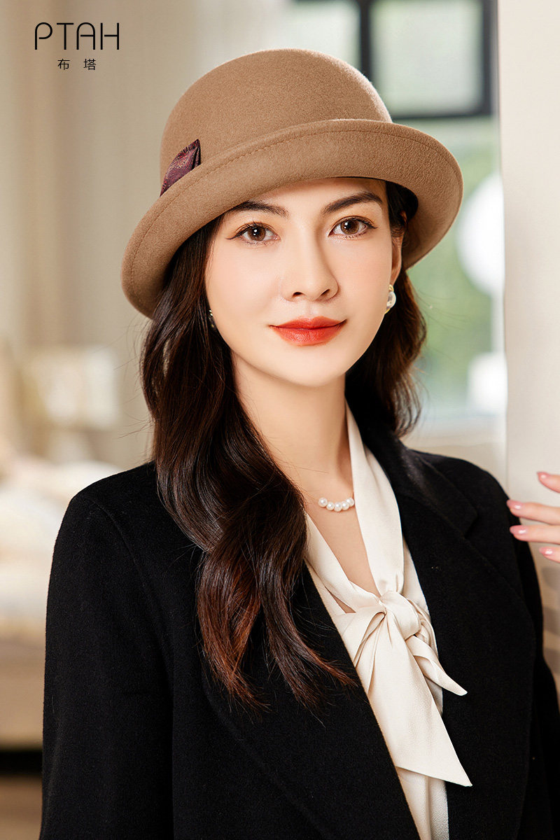 布塔秋冬毛呢帽女纯羊毛帽子优雅定型帽香云纱蝴蝶结圆顶卷边礼帽