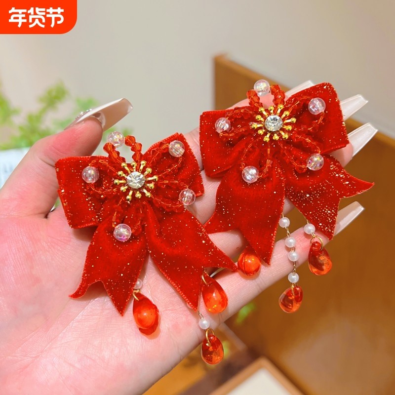 中国风大红色新年儿童发饰宝宝喜庆汉服过年发夹拜年服头饰蝴蝶结