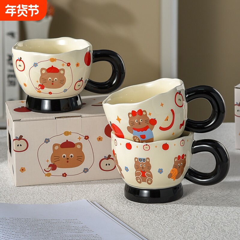 猫咪复古马克杯设计感小众咖啡杯情侣早餐创意可爱猫咪家用陶瓷杯