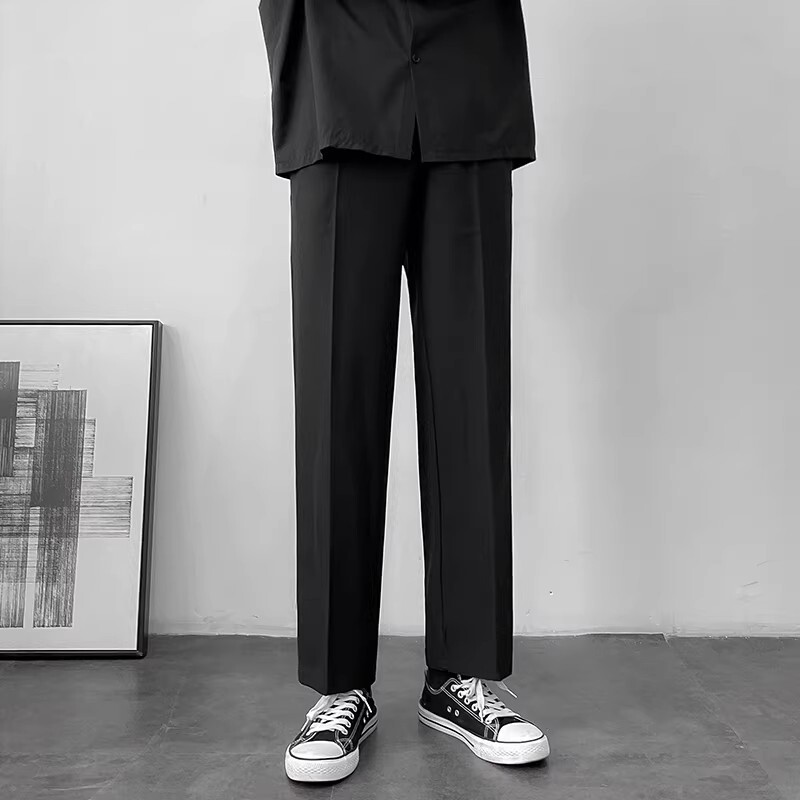 港风春秋垂感西裤男直筒免烫宽松长裤十分裤黑色阔腿拖地裤松紧腰