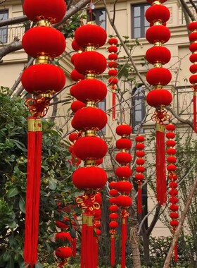 小灯笼串挂饰结婚布置乔迁新年户外装饰树上连串植绒大红灯笼绒布