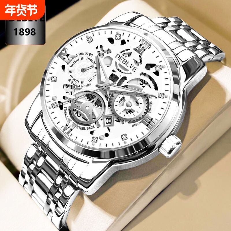 正品瑞士2024新款手表男士全自动机械风防水精钢带双日历男表夜光