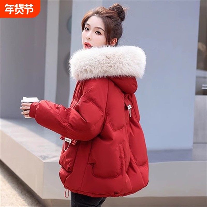 户外羽绒服女红色短款2025年冬季新款面包服ins袄爆款外黑色毛