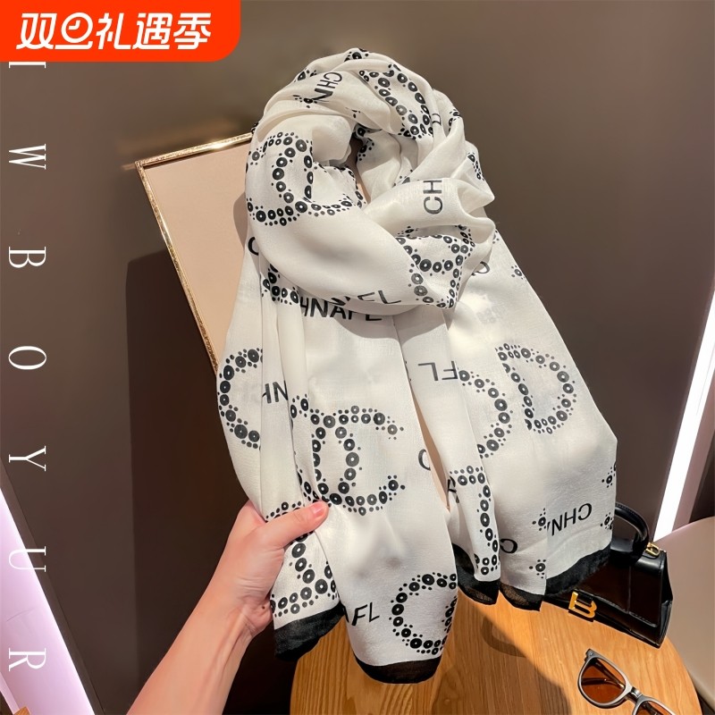 LVАFGН正品高级感字母丝巾女秋冬轻奢围巾薄款棉麻围脖两用披肩
