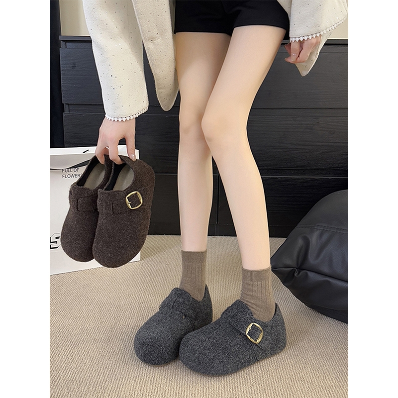 厚底增高灰色勃肯鞋加绒女2025秋冬新款毛呢鞋保暖博肯棉鞋鞋子
