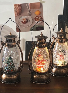 圣诞礼物飘雪摆件雪人圣诞老人发光夜灯手提煤油灯桌面装饰氛围感