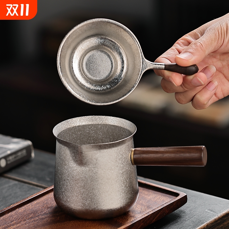 纯钛公道杯侧把一体茶漏钛分茶器茶壶茶海功夫茶具配件公杯木柄