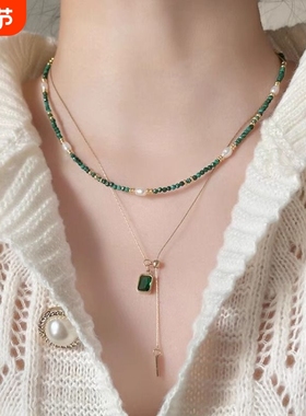 新款森系仿珍珠绿色串珠项链女小清新叠戴颈链轻奢百搭锁骨链