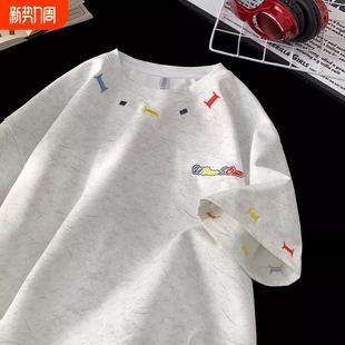 重磅刺绣T恤短袖男款夏季冰丝凉感美式宽松半袖体恤上衣休闲白色