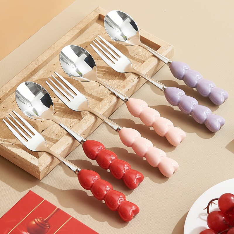 餐勺食品级304不锈钢餐叉调羹陶瓷手柄防烫西餐勺子喝汤高颜值