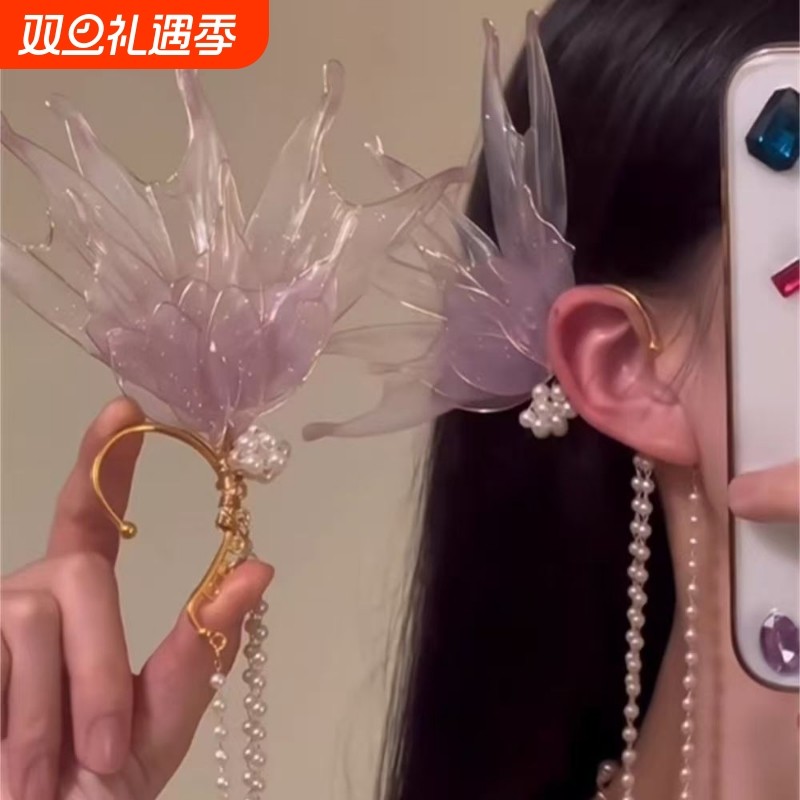 zoozmomo紫色人鱼珍珠流苏耳挂耳环女小众耳饰国风汉服配饰蝴