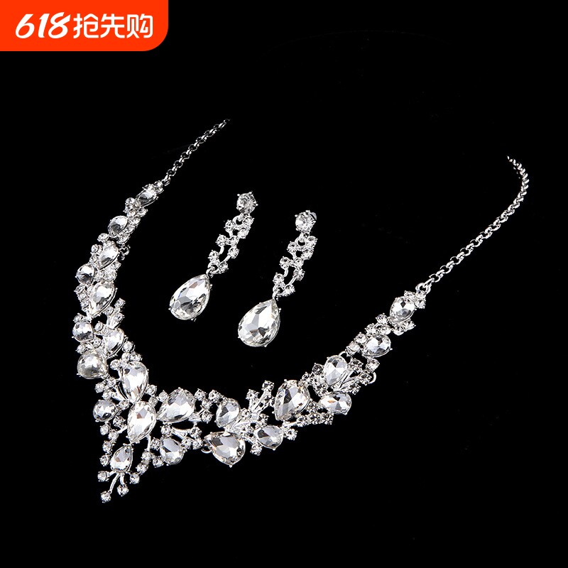 跨境亚马逊项链批发施华洛新娘水晶配饰项链耳环两件套婚纱礼服