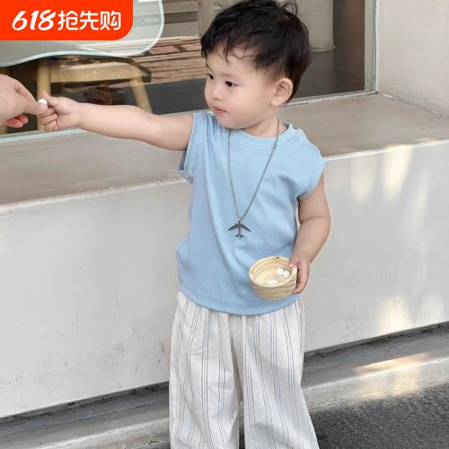 宝宝儿童夏季蓝色背心防蚊裤套装