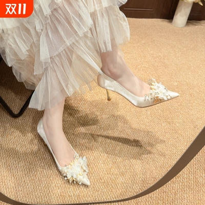 绝美小众花朵婚鞋主婚纱细跟新娘鞋日常可穿配裙子尖头高跟鞋法式